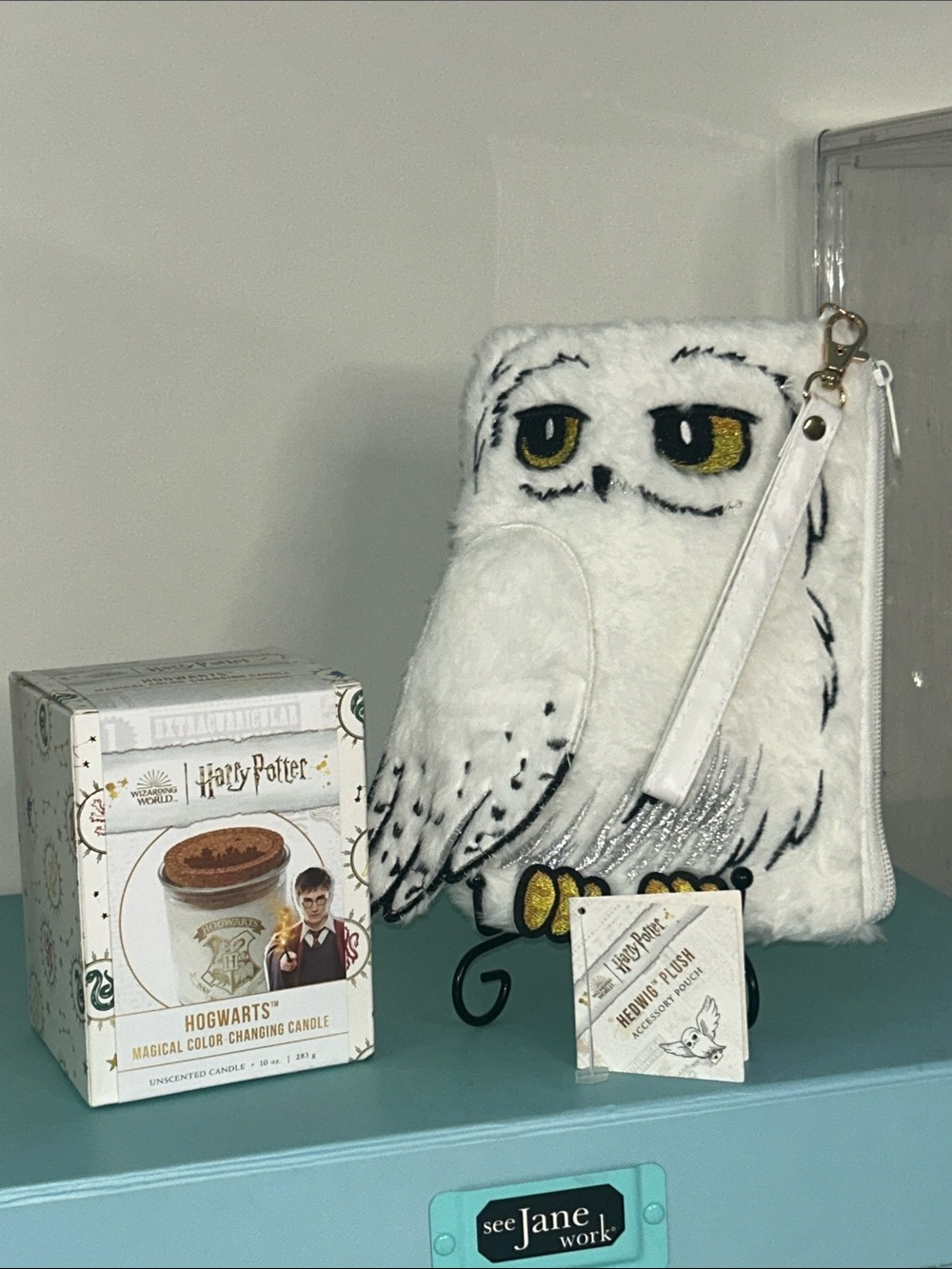 Hedwig Plush Pouch 8”x 5.5” & Hogwarts Magical Color Changing Candle 10 oz NWT